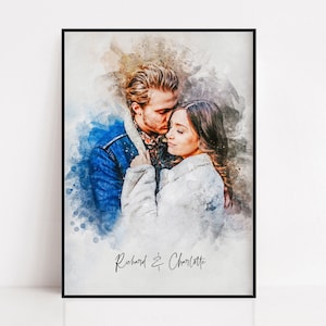 Aquarel paar portret, aangepaste gepersonaliseerde illustratie van foto, cadeau vriend vriendin, Valentijnsdagcadeau voor haar hem, afdrukken