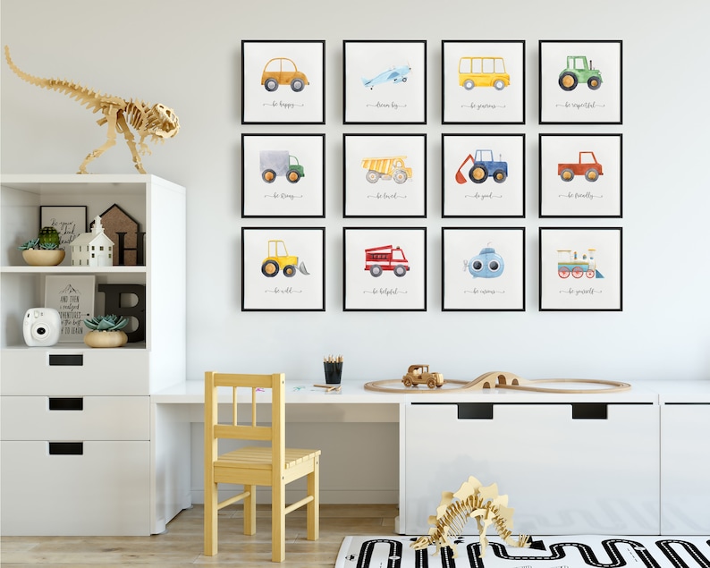 Stampe personalizzate per la scuola materna del veicolo, decorazioni per la camera del bambino della costruzione, arte della parete della galleria per bambini, poster di camion, set di trasporto dell'acquerello immagine 4