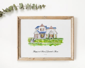 Weihnachtsgeschenk für Großeltern, Kindermädchen, Nan, Opa, Lehrer von Kindern, Benutzerdefinierte Haus Porträt Aquarell Druck, Familien Haus Kunst Skizze