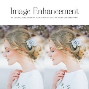 May include: A side profile of a person with blonde hair styled in a bun with a small white flower hair accessory. The person is wearing a white dress and is looking down.