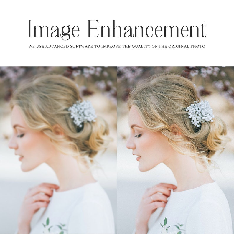 May include: A side profile of a person with blonde hair styled in a bun with a small white flower hair accessory. The person is wearing a white dress and is looking down.