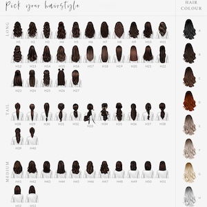 May include: A chart with different hairstyles for women. The hairstyles are labeled with numbers and categorized as long, medium, and tail. There is a separate color chart with different hair colors labeled with letters.