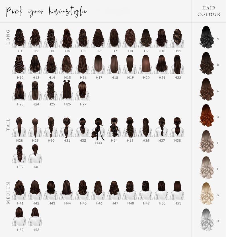 May include: A chart with different hairstyles for women. The hairstyles are labeled with numbers and categorized as long, medium, and tail. There is a separate color chart with different hair colors labeled with letters.