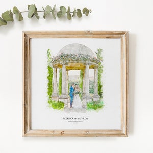 K&ouml;nnte beinhalten: Ein Aquarellgem&auml;lde eines Hochzeitspaares, das in einem wei&szlig;en Pavillon mit einem Blumengirlanden steht. Der Pavillon ist von Gr&uuml;n umgeben und das Paar h&auml;lt sich an den H&auml;nden. Der Text "RODERICK & MATHILDA" ist unter dem Bild gedruckt.