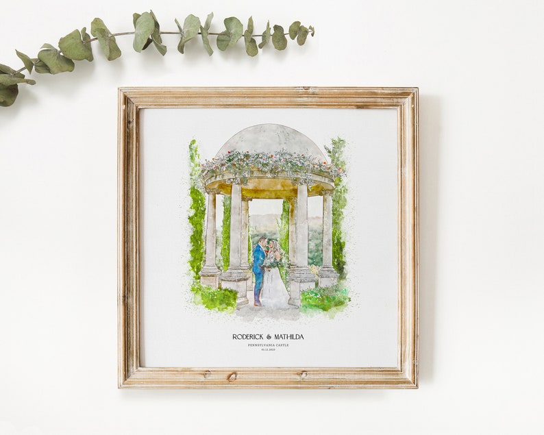 K&ouml;nnte beinhalten: Ein Aquarellgem&auml;lde eines Hochzeitspaares, das in einem wei&szlig;en Pavillon mit einem Blumengirlanden steht. Der Pavillon ist von Gr&uuml;n umgeben und das Paar h&auml;lt sich an den H&auml;nden. Der Text "RODERICK & MATHILDA" ist unter dem Bild gedruckt.