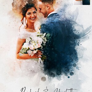 Puede incluir: Una pintura de acuarela de una novia y un novio en su d&iacute;a de boda. La novia sostiene un ramo de flores y sonr&iacute;e al novio. El novio mira a la novia y sonr&iacute;e. La pintura est&aacute; sobre un fondo blanco con el texto "Richard & Charlotte 05.06.2022" en la parte inferior.