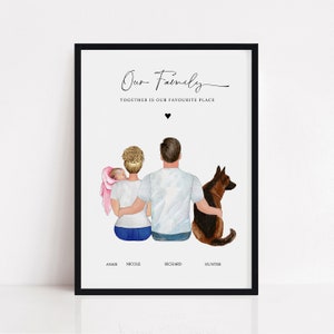 Personalized Gift for New Parents, Baby First Mothers Day Print, Custom Portrait Poster, Pet Loving Couple Drawing, Our Family Illustration