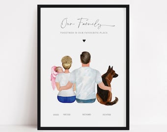 Personalized Family Gift, Custom Portrait for Couple with Baby & Pets, New Parents Christmas or Birthday Present, Housewarming Wall Art, FP1