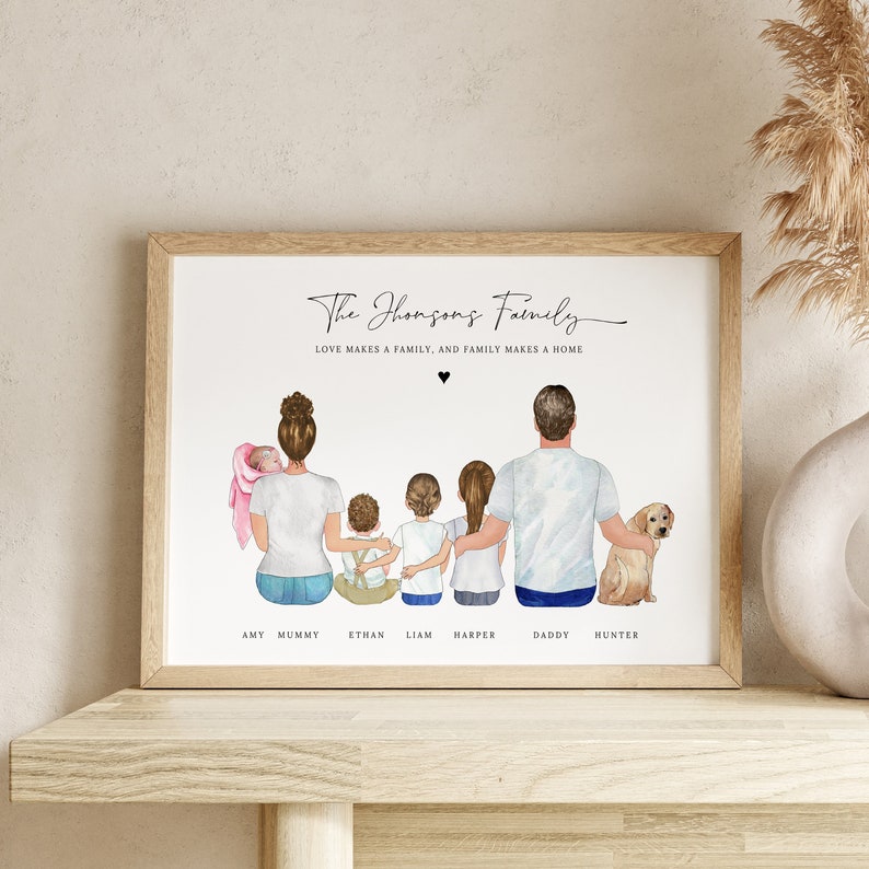 Impression de portrait de famille personnalisé, cadeau personnalisé pour la famille, téléchargement numérique de dessin animé de notre famille, cadeaux pour enfants pour maman, cadeau de pendaison de crémaillère image 1