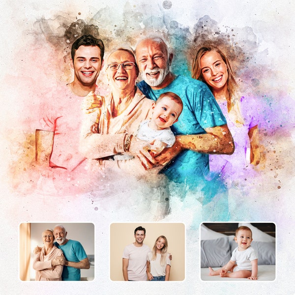 Combine Photos To Portrait, Watercolor Family Print, Add Loved One to Photo, Photo Merge, Memorial Gift, Passed Away Gift, Parents Photo Art