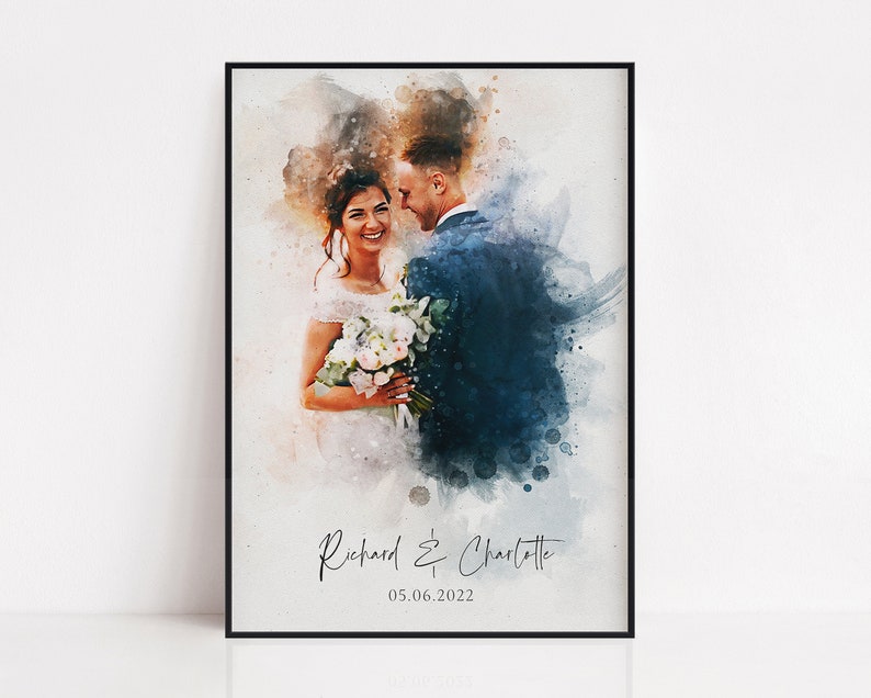 May include: A watercolour painting of a bride and groom in a romantic pose. The painting is in shades of blue and brown, with a white floral bouquet held by the bride. The text "Richard & Charlotte 05.06.2022" is at the bottom of the painting.