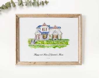 Grandparent Christmas Gift, Personalised Watercolour House Portrait, Grandmother Home Print, Grandchildren Gift for Nanny Nan, V2