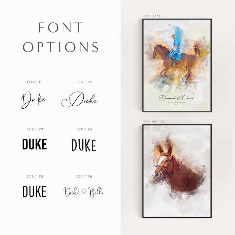 May include: Six different font options for a personalized horse portrait. The fonts are shown with the names "Duke" and "Duke & Bella". The image also shows a watercolor painting of a horse and rider, and a watercolor painting of a horse's head.