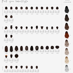 May include: A chart with 100 different hairstyles for women, organized by hair length: chin length, tied, afro, and short. The chart also includes a color key with 8 different hair colors.