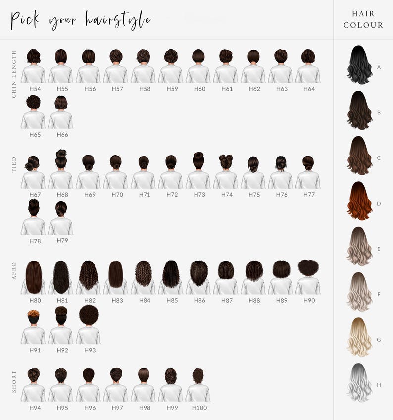 May include: A chart with 100 different hairstyles for women, organized by hair length: chin length, tied, afro, and short. The chart also includes a color key with 8 different hair colors.