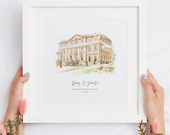 Retrato personalizado del lugar de la boda, regalo del primer aniversario, impresión de la nueva casa, regalos de boda, boceto en acuarela, regalo de inauguración de la casa, boceto del edificio