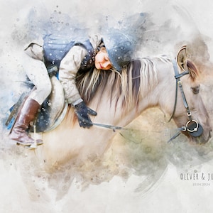 May include: A watercolor painting of a young person riding a horse. The horse is white with a brown mane and tail. The rider is wearing a helmet and a brown jacket. The painting is set against a white background with splashes of blue and brown paint.