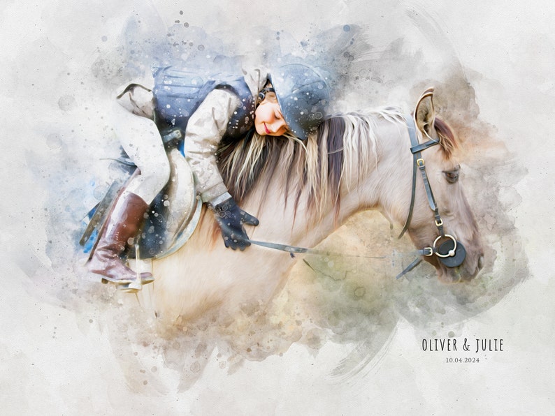 May include: A watercolor painting of a young person riding a horse. The horse is white with a brown mane and tail. The rider is wearing a helmet and a brown jacket. The painting is set against a white background with splashes of blue and brown paint.