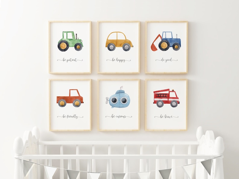 Stampe personalizzate per la scuola materna del veicolo, decorazioni per la camera del bambino della costruzione, arte della parete della galleria per bambini, poster di camion, set di trasporto dell'acquerello immagine 1