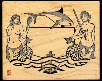 Big Mermaid Bookplate Rubber Stamp For Address or Card Making