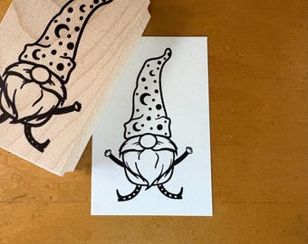 Happy Gnome Jumping With Moon Hat Rubber Art Stamp for all Crafts; Collage, Card Making, etc.!
