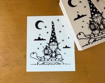 Gnome with Lantern on Turtle Rubber Art Stamp for Crafts; Collage, Card Making, etc.!