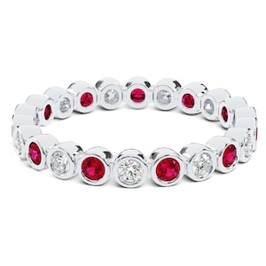 Round Cut Bezel Set Natural Diamond & Ruby Full Eternity Band Wedding Ring In Solid Gold