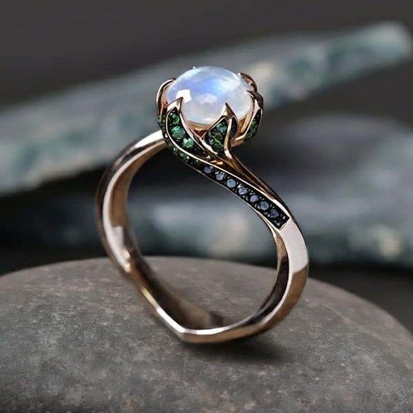 Natural Moonstone Ring, Round Cut Moonstone Engagement Ring with Green And Black Gemstone Accents, Unique Gold Ring, Nature Inspired Ring