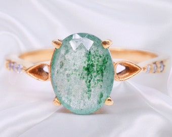 Green Aventurine & Diamond Cluster Ring, Aventurine Engagement Ring, Classic Cluster Weeding Ring, Aventurine Anniversary Ring, Gift For Her