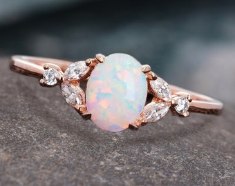 Oval Opal Ring, Vintage Opal Engagement Ring, White Opal Silver Jewelry, Gold Opal Ring, Women's Opal Ring, October Birthstone