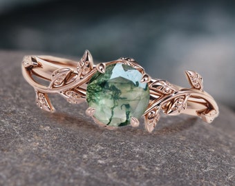 Moss Agate Engagement Ring: Nature Inspired Leaf Design, Sterling Silver