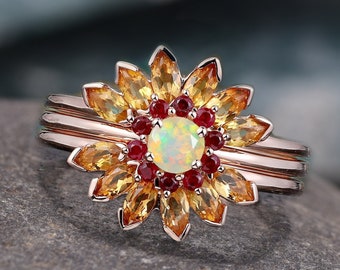 Opal Citrine Engagement Ring Set, Marquise Citrine & Ruby Ring, Flower Shape Ring, Art Deco Bridal Wedding Set, Women Bridal Promise Ring