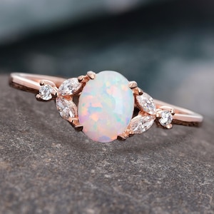 Fire Opal Engagement Ring, Vintage Opal Diamond Ring, Rose Gold Unique Opal Ring, Art Deco Ring Silver Opal Ring, Dainty Ring for Women Ring