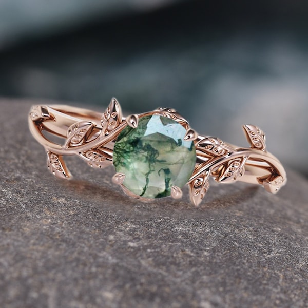 Anillo de compromiso de ágata de musgo natural más vendido para mujeres, anillo de compromiso alternativo, anillo de hoja inspirado en la naturaleza, anillo de piedras preciosas curativas