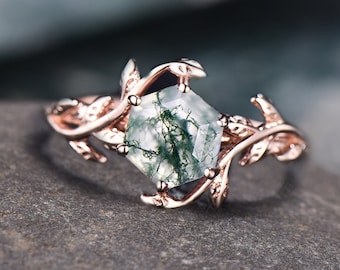 Hexagon cut moss agate ring 925 sterling silver ring moss agate engagement ring branches leaf twig nature inspired ring anniversary gift