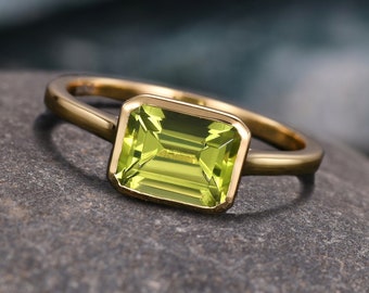 Peridot Ring · 14k Gold Ring · Rectangle Ring · Green Stone Ring · Handmade Ring · Emerald Cut Ring · Gemstone Ring · August Birthstone Ring