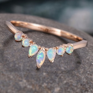 Anillo de bodas de ópalo y zafiro, alianza de media eternidad a juego, plata de ley chapada en oro rosa de 10 quilates/14 quilates, anillo de aniversario de oro rosa.