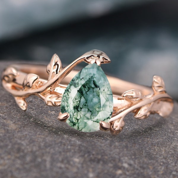 Pear Shape Natural Green Moss Agate Engagement Ring, 925 Sterling Silver Branch Ring, Nature Inspired Leaf Ring, Dainty Green Gemstone Ring
