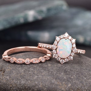 White Opal Engagement Ring Set, Stacking Band, Oval Cut Bridal Set, Unique Curved Wedding Band, Handmade Ring Set, Opal Bridal Set, Gift Her