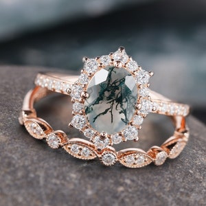 Vintage  Natural Moss Agate Ring Set, Unique Agate Engagement Ring, Promise-Anniversary Ring for Women, Bridal Wedding Ring Set Promise Ring