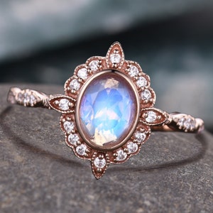 Vintage Rainbow Moonstone Engagement Ring, Bezel June Birthstone Ring, Natural Moonstone Wedding Ring, 14k Rose Gold Unique Moonstone Ring
