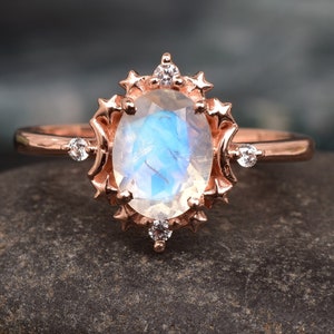 Star Moonstone Engagement Ring, Moon of my Life Ring, 14k Gold Moon Star Wedding Ring, Blue Fire Moonstone Ring, Cresent Moon Moonstone Ring