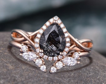 Black Rutile Quartz Ring, Pear Shaped Ring, 925 Sterling Silver Ring, 14k Gold Ring, Wedding Ring, Engagement Ring, Vintage Ring, Best Gift