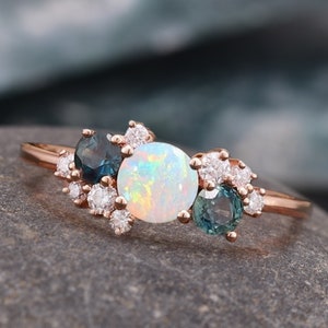 Vintage Opal Cluster Engagement Ring, Opal Wedding Ring, Round Cut Fire Opal Jewelry, Unique Teal Sapphire Cluster Promise Birthstone Ring