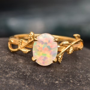 Natural 1 Carat Opal Vine Leaf Ring, Nature Inspired Oval Opal Solitaire Ring, October Gemstone Ring, Wedding Bridal Ring, Vine Leaf Opal