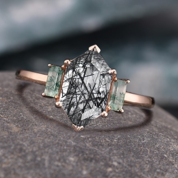 Natural Black Rutilated Quartz Engagement Ring, Hexagon Cut Wedding Ring, 14K Solid Gold Bridal Promise Ring, Rose Gold Unique Cluster Ring