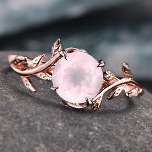 1ct Round Cut Natural Pink Rose Quartz Ring Rose Gold Simple Engagement Rings Leaf Solitaire Ring Heal Crystal Ring Natural Stone Ring Gift