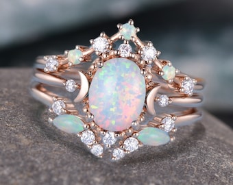 Opal Engagement Ring Set Vintage Opal Wedding Ring Set Woman Celestial Engagement Ring Bridal Set Unique Opal Ring Rose Gold Moon Ring Gift