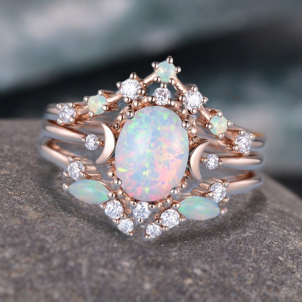 Opal Engagement Ring Set Vintage Opal Wedding Ring Set Woman Celestial Engagement Ring Bridal Set Unique Opal Ring Rose Gold Moon Ring Gift