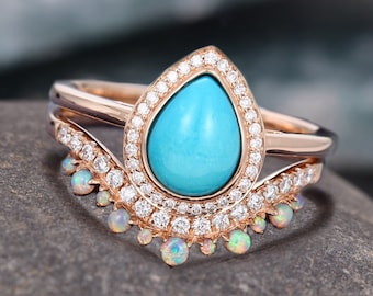 Vintage Turquoise Engagement Ring Set,  Art Deco Wedding Promise Ring Set, Antique Bridal Ring Set, Turquoise Opal Unique Anniversary Ring